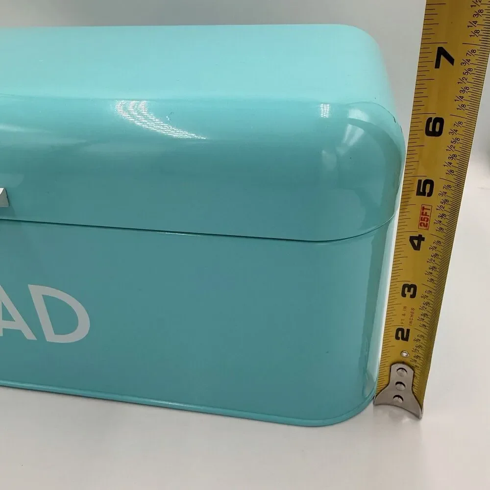 Turquoise Metal Bread Box Hinged Lid Retro Farmhouse Kitchen Storage 16.5”